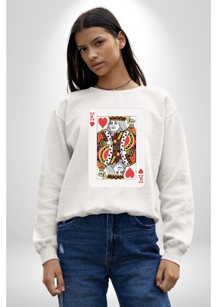 King Of Hearts Klasik Iskambil Kartı Grafiği Erkek Kadın Unisex Dijital Baskılı Beyaz Sweatshirt