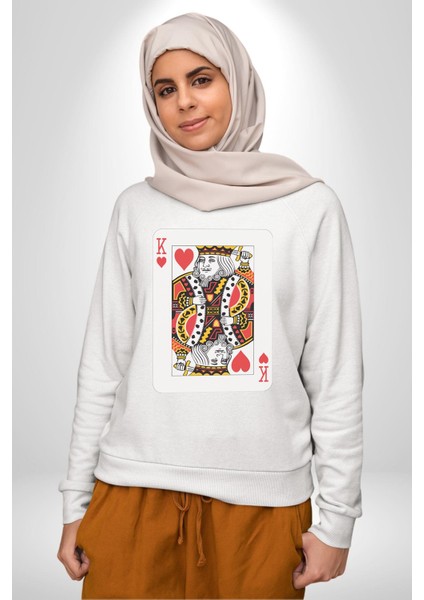 King Of Hearts Klasik Iskambil Kartı Grafiği Erkek Kadın Unisex Dijital Baskılı Beyaz Sweatshirt