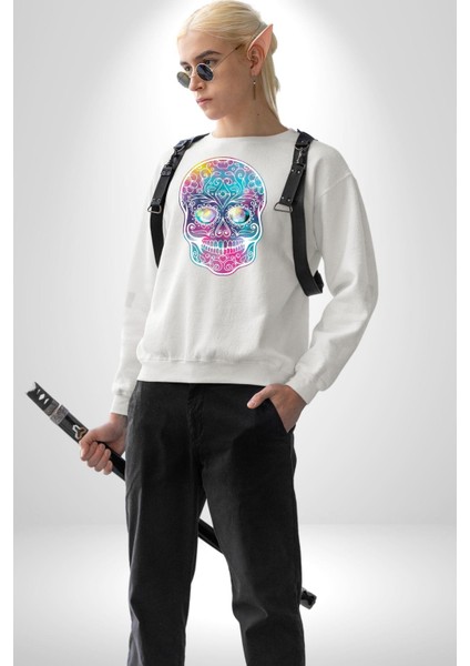 Şeker Kafatası (Day Of The Dead) Erkek Kadın Unisex Dijital Baskılı Beyaz Sweatshirt