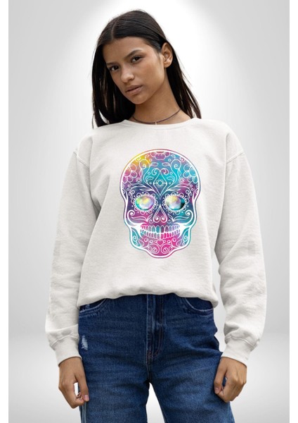 Şeker Kafatası (Day Of The Dead) Erkek Kadın Unisex Dijital Baskılı Beyaz Sweatshirt