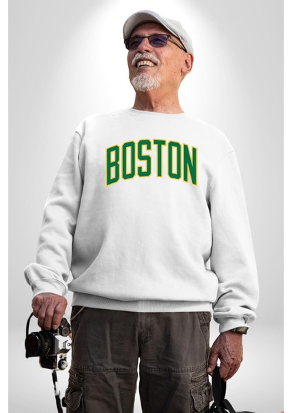 Boston Erkek Kadın Unisex Dijital Baskılı Beyaz Sweatshirt