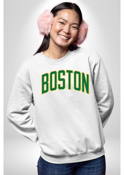 Boston Erkek Kadın Unisex Dijital Baskılı Beyaz Sweatshirt