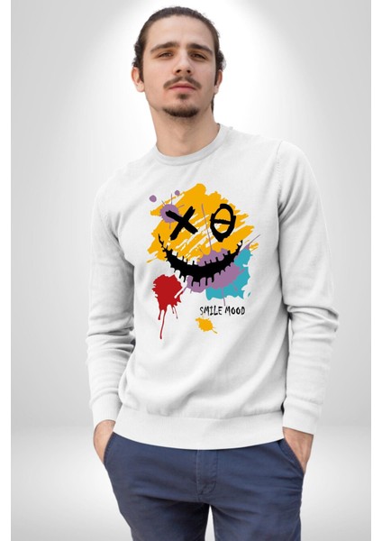 Smile Mood Xox Gülümseme Ruhu Erkek Kadın Unisex Dijital Baskılı Beyaz Sweatshirt