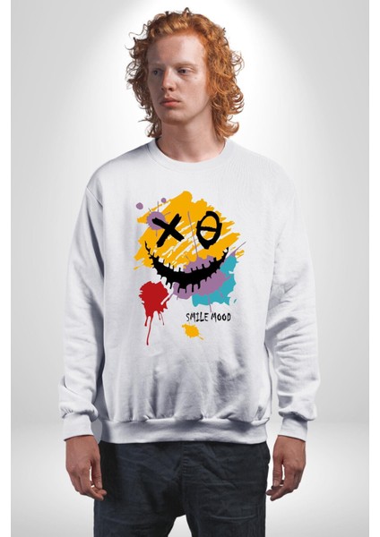 Smile Mood Xox Gülümseme Ruhu Erkek Kadın Unisex Dijital Baskılı Beyaz Sweatshirt