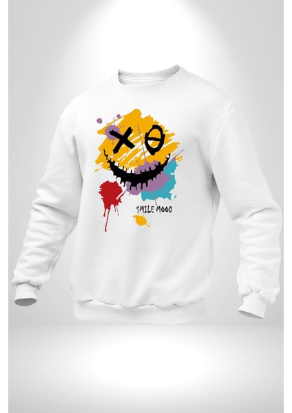 Smile Mood Xox Gülümseme Ruhu Erkek Kadın Unisex Dijital Baskılı Beyaz Sweatshirt