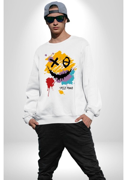Smile Mood Xox Gülümseme Ruhu Erkek Kadın Unisex Dijital Baskılı Beyaz Sweatshirt
