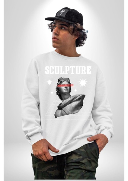 Michelagelo Modern Apollo Heykel Sokak Style Erkek Kadın Unisex Dijital Baskılı Beyaz Sweatshirt