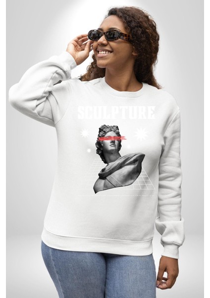 Michelagelo Modern Apollo Heykel Sokak Style Erkek Kadın Unisex Dijital Baskılı Beyaz Sweatshirt