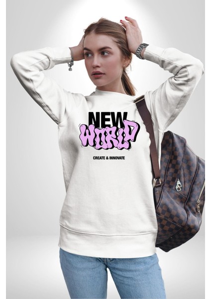 Sokak Style Yeni Dünya Yaratın Yenilik Yapın Erkek Kadın Unisex Dijital Baskılı Beyaz Sweatshirt modelleri