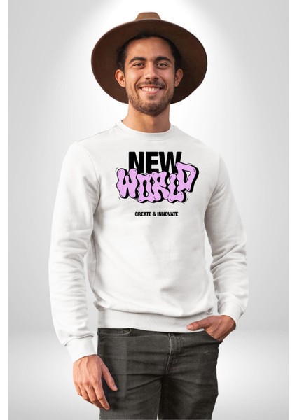 Sokak Style Yeni Dünya Yaratın Yenilik Yapın Erkek Kadın Unisex Dijital Baskılı Beyaz Sweatshirt fırsatları