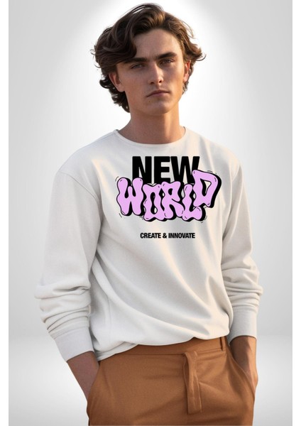 Sokak Style Yeni Dünya Yaratın Yenilik Yapın Erkek Kadın Unisex Dijital Baskılı Beyaz Sweatshirt indirimleri