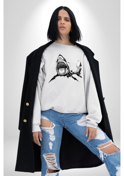 Dövme Shark Okyanus Köpekbalığı Erkek Kadın Unisex Dijital Baskılı Beyaz Sweatshirt