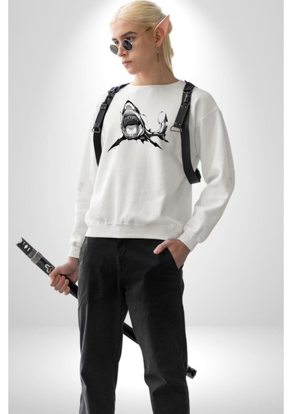 Dövme Shark Okyanus Köpekbalığı Erkek Kadın Unisex Dijital Baskılı Beyaz Sweatshirt