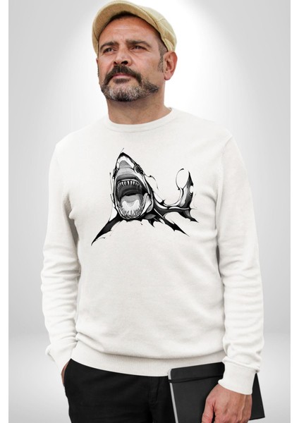 Dövme Shark Okyanus Köpekbalığı Erkek Kadın Unisex Dijital Baskılı Beyaz Sweatshirt