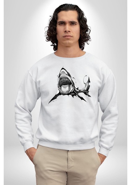 Dövme Shark Okyanus Köpekbalığı Erkek Kadın Unisex Dijital Baskılı Beyaz Sweatshirt