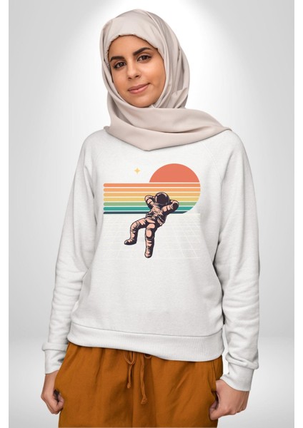 Uzay Adamı Tasarımı Erkek Kadın Unisex Dijital Baskılı Beyaz Sweatshirt fiyatları