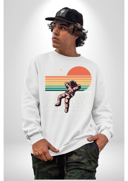 Uzay Adamı Tasarımı Erkek Kadın Unisex Dijital Baskılı Beyaz Sweatshirt indirimleri