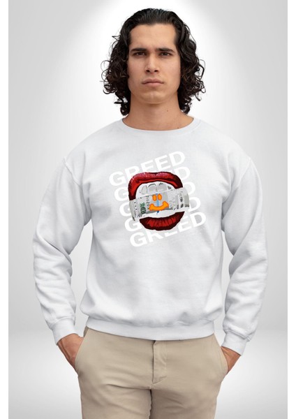 Dudak Dolar Açgözlülük Simgesi Erkek Kadın Unisex Dijital Baskılı Beyaz Sweatshirt