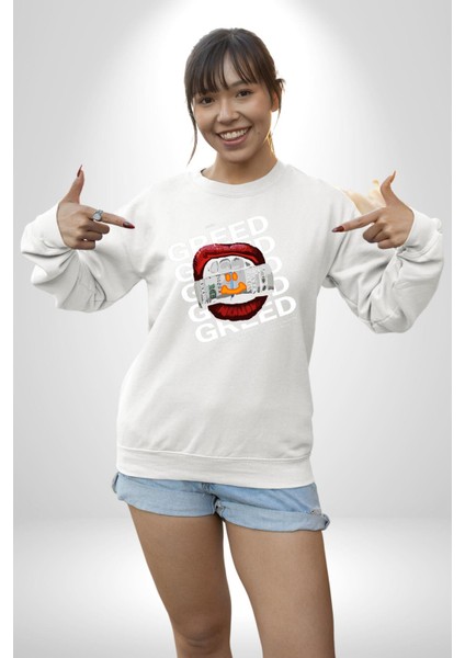 Dudak Dolar Açgözlülük Simgesi Erkek Kadın Unisex Dijital Baskılı Beyaz Sweatshirt