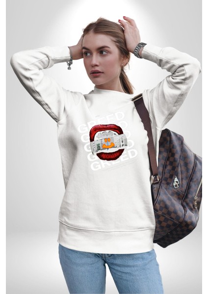 Dudak Dolar Açgözlülük Simgesi Erkek Kadın Unisex Dijital Baskılı Beyaz Sweatshirt