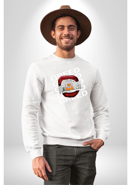 Dudak Dolar Açgözlülük Simgesi Erkek Kadın Unisex Dijital Baskılı Beyaz Sweatshirt