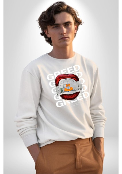 Dudak Dolar Açgözlülük Simgesi Erkek Kadın Unisex Dijital Baskılı Beyaz Sweatshirt