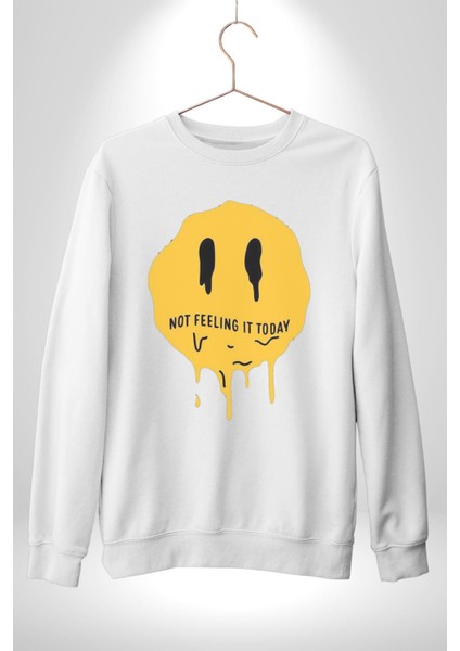 Eriyen Emoji Bugün Hissetmiyorum Erkek Kadın Unisex Dijital Baskılı Beyaz Sweatshirt