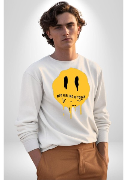 Eriyen Emoji Bugün Hissetmiyorum Erkek Kadın Unisex Dijital Baskılı Beyaz Sweatshirt