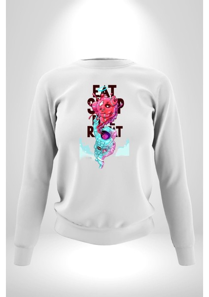 Space Party Astronaut Absürt Neon Renkli Uzay Erkek Kadın Unisex Dijital Baskılı Beyaz Sweatshirt