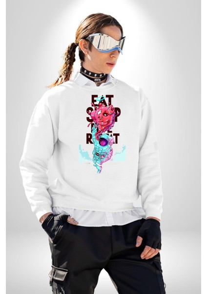 Space Party Astronaut Absürt Neon Renkli Uzay Erkek Kadın Unisex Dijital Baskılı Beyaz Sweatshirt
