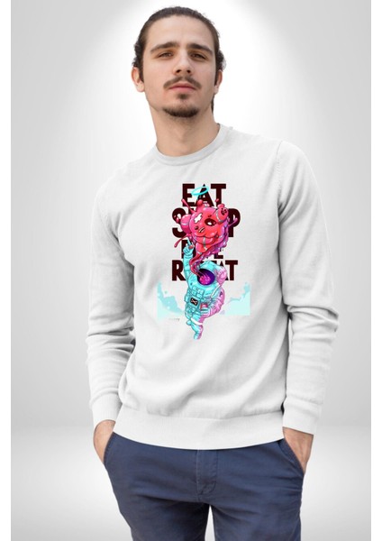 Space Party Astronaut Absürt Neon Renkli Uzay Erkek Kadın Unisex Dijital Baskılı Beyaz Sweatshirt