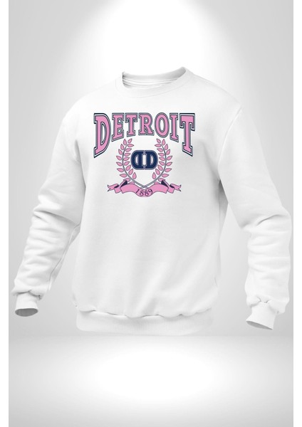 Detroit Kampüs Erkek Kadın Unisex Dijital Baskılı Beyaz Sweatshirt