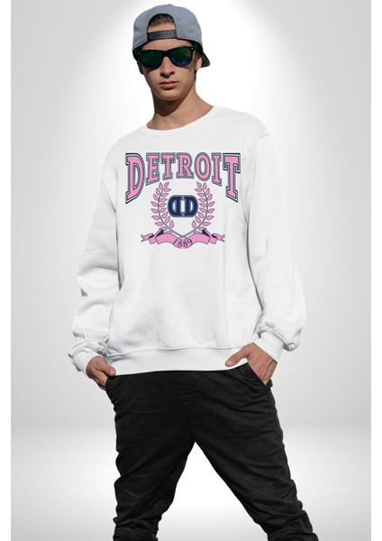 Detroit Kampüs Erkek Kadın Unisex Dijital Baskılı Beyaz Sweatshirt