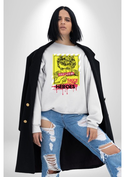 Aşk Meleği Sahte Melek Sus Erkek Kadın Unisex Dijital Baskılı Beyaz Sweatshirt