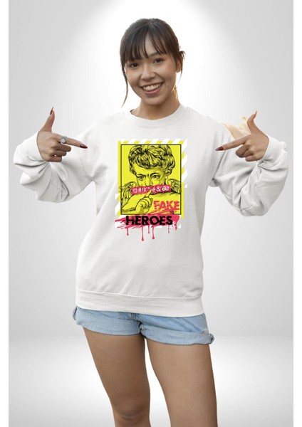 Aşk Meleği Sahte Melek Sus Erkek Kadın Unisex Dijital Baskılı Beyaz Sweatshirt