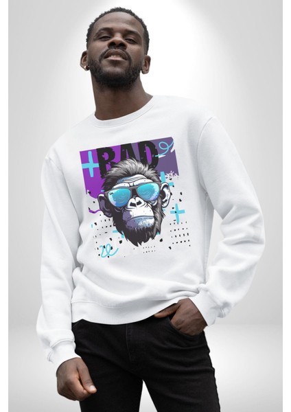 Kötü Maymun Güneş Gözlüklü Erkek Kadın Unisex Dijital Baskılı Beyaz Sweatshirt