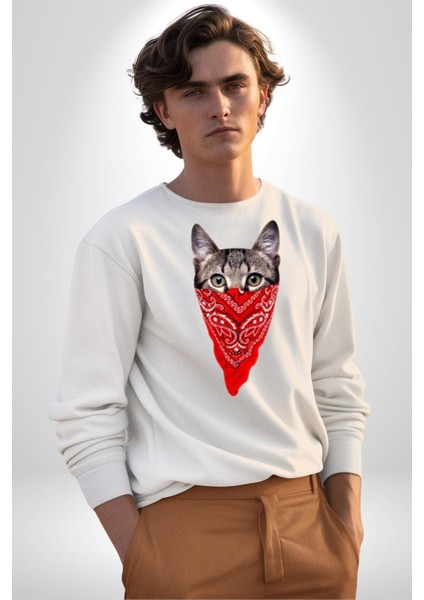 Maske Gangester Kedi Erkek Kadın Unisex Dijital Baskılı Beyaz Sweatshirt