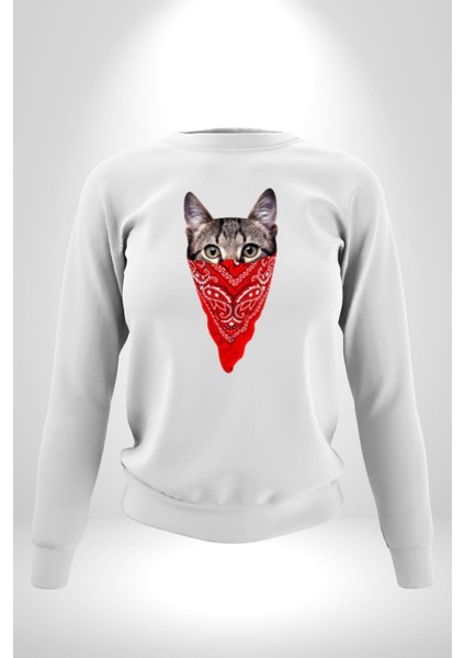 Maske Gangester Kedi Erkek Kadın Unisex Dijital Baskılı Beyaz Sweatshirt