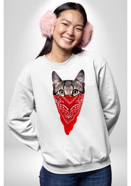 Maske Gangester Kedi Erkek Kadın Unisex Dijital Baskılı Beyaz Sweatshirt