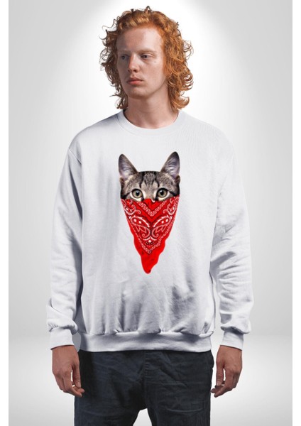 Maske Gangester Kedi Erkek Kadın Unisex Dijital Baskılı Beyaz Sweatshirt