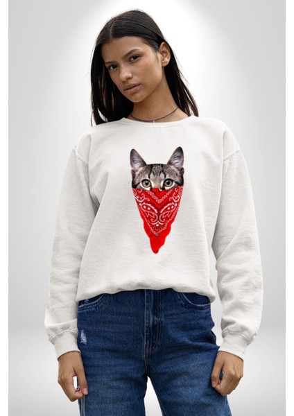Maske Gangester Kedi Erkek Kadın Unisex Dijital Baskılı Beyaz Sweatshirt