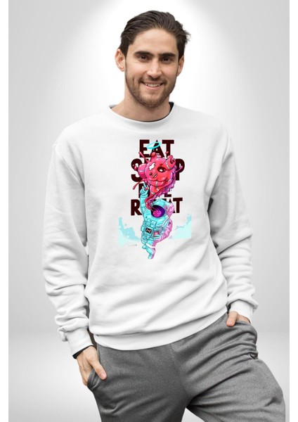 Space Party Astronaut Absürt Neon Renkli Uzay Erkek Kadın Unisex Dijital Baskılı Beyaz Sweatshirt