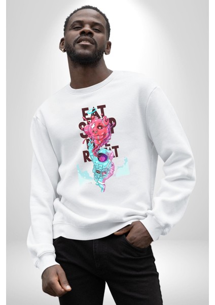 Space Party Astronaut Absürt Neon Renkli Uzay Erkek Kadın Unisex Dijital Baskılı Beyaz Sweatshirt