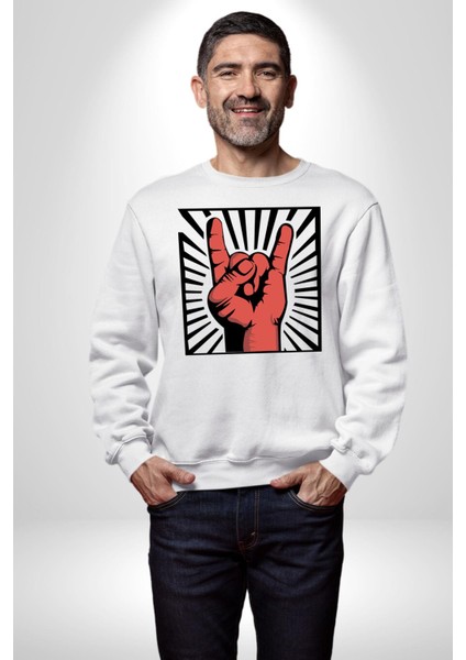 Rock On El Işareti Metal Horns Sembolü Erkek Kadın Unisex Dijital Baskılı Beyaz Sweatshirt