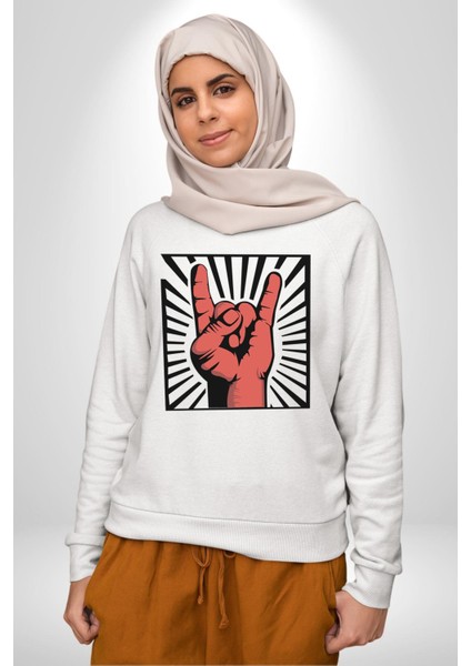 Rock On El Işareti Metal Horns Sembolü Erkek Kadın Unisex Dijital Baskılı Beyaz Sweatshirt