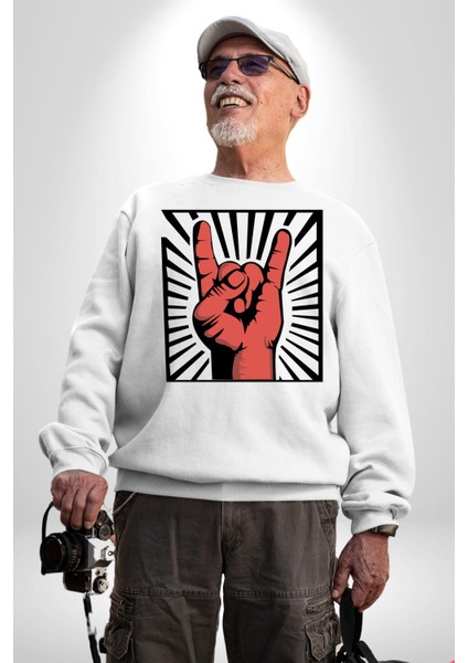 Rock On El Işareti Metal Horns Sembolü Erkek Kadın Unisex Dijital Baskılı Beyaz Sweatshirt