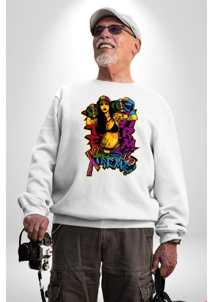 Kayakcı Kız Erkek Kadın Unisex Dijital Baskılı Beyaz Sweatshirt
