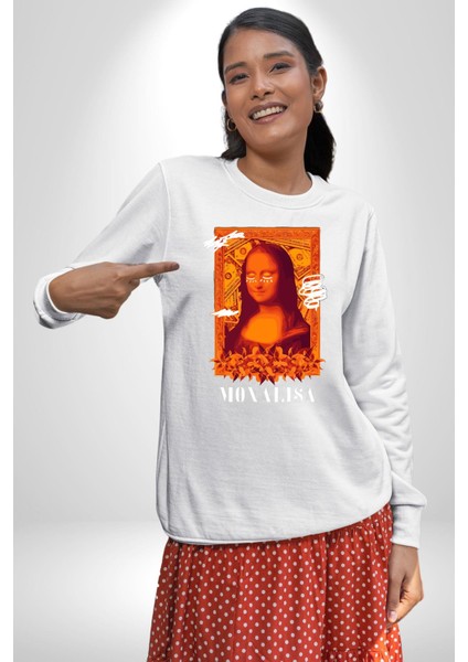 Yeni Nesil Monalisa Erkek Kadın Unisex Dijital Baskılı Beyaz Sweatshirt