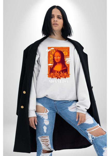 Yeni Nesil Monalisa Erkek Kadın Unisex Dijital Baskılı Beyaz Sweatshirt
