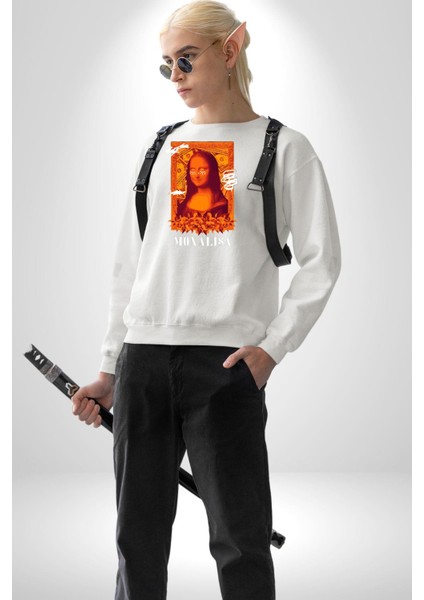 Yeni Nesil Monalisa Erkek Kadın Unisex Dijital Baskılı Beyaz Sweatshirt